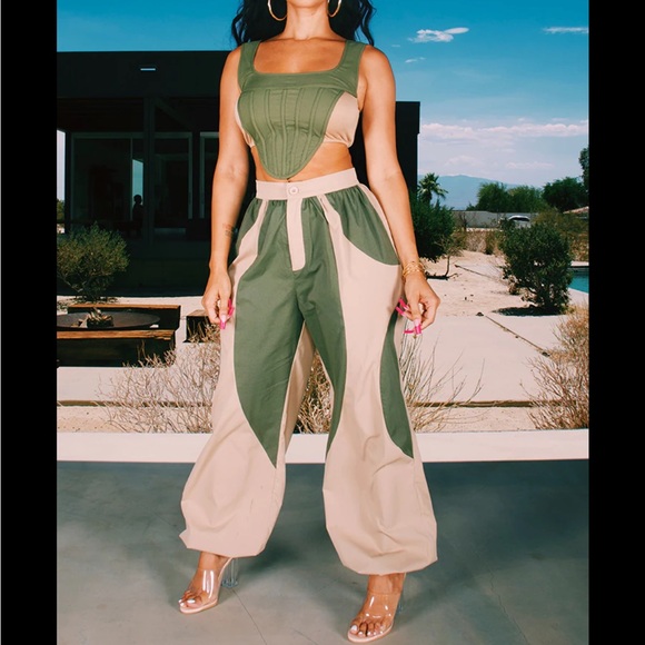 PrettyLittleThing Green and Tan Track Pants - Picture 4 of 4